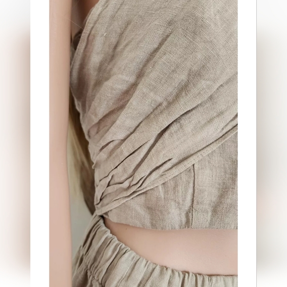 ZARA HALTER TOP SMOCKED BACK THICK STRAPS LINEN DARK BEIGE CROOPED TOP LARGE - Picture 10 of 16